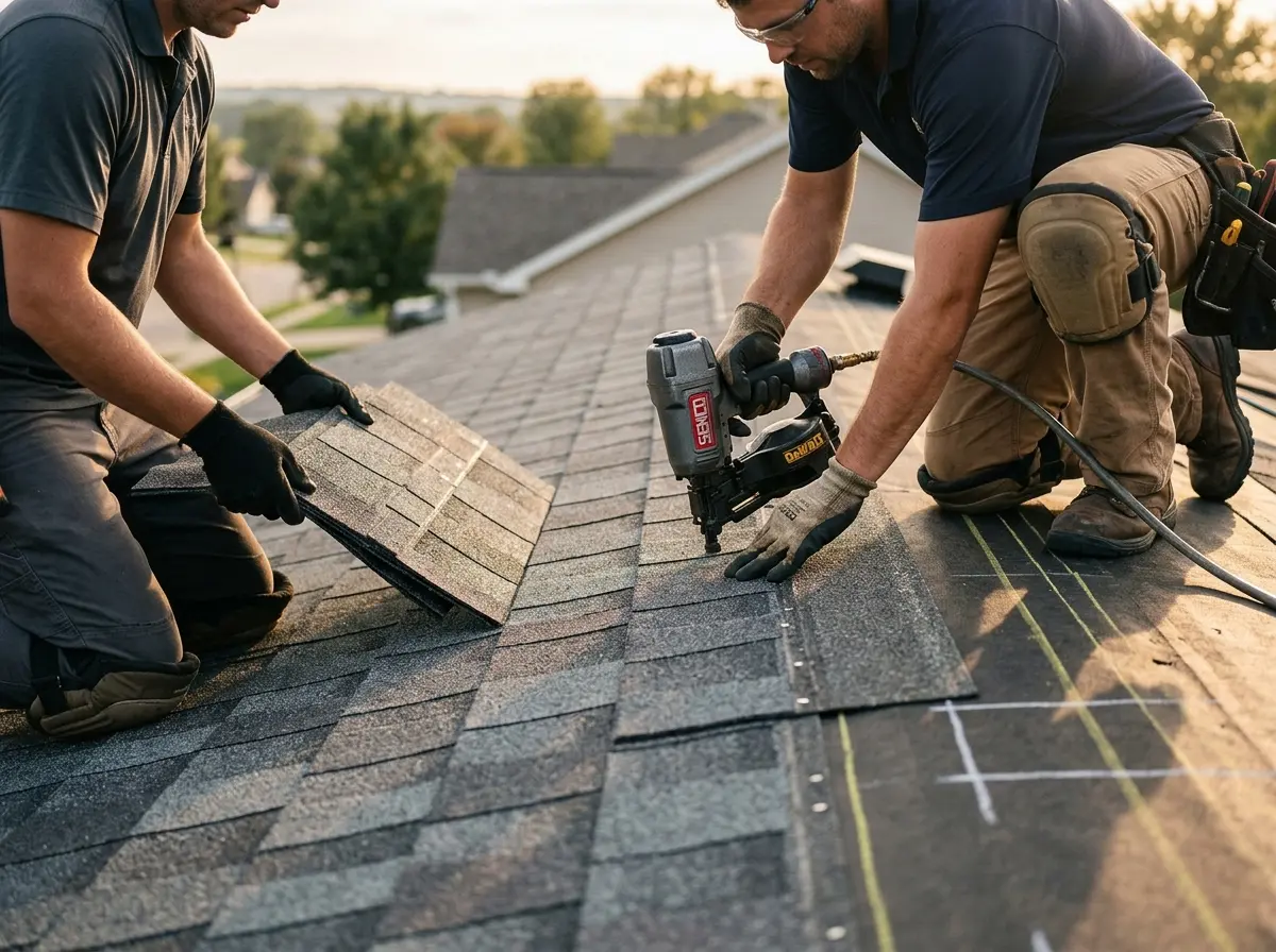 Professional roofer working on a residential roof in Isanti